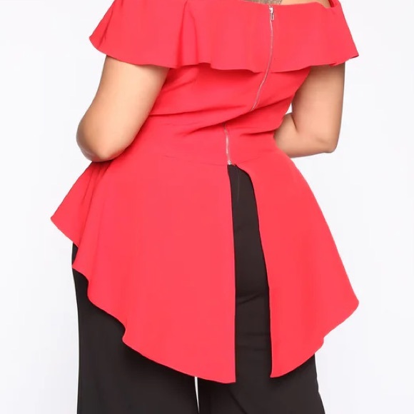 Red structured high low peplum corset top with off shoulder flounce sleeves - Picture 2 of 7